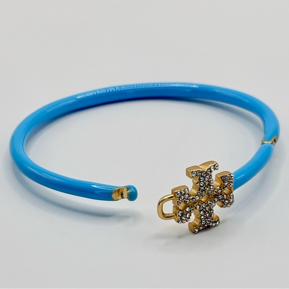 New Tory Burch Eleanor Pave Hinged Cuff Bracelet - Blue & Gold - Picture 2 of 5